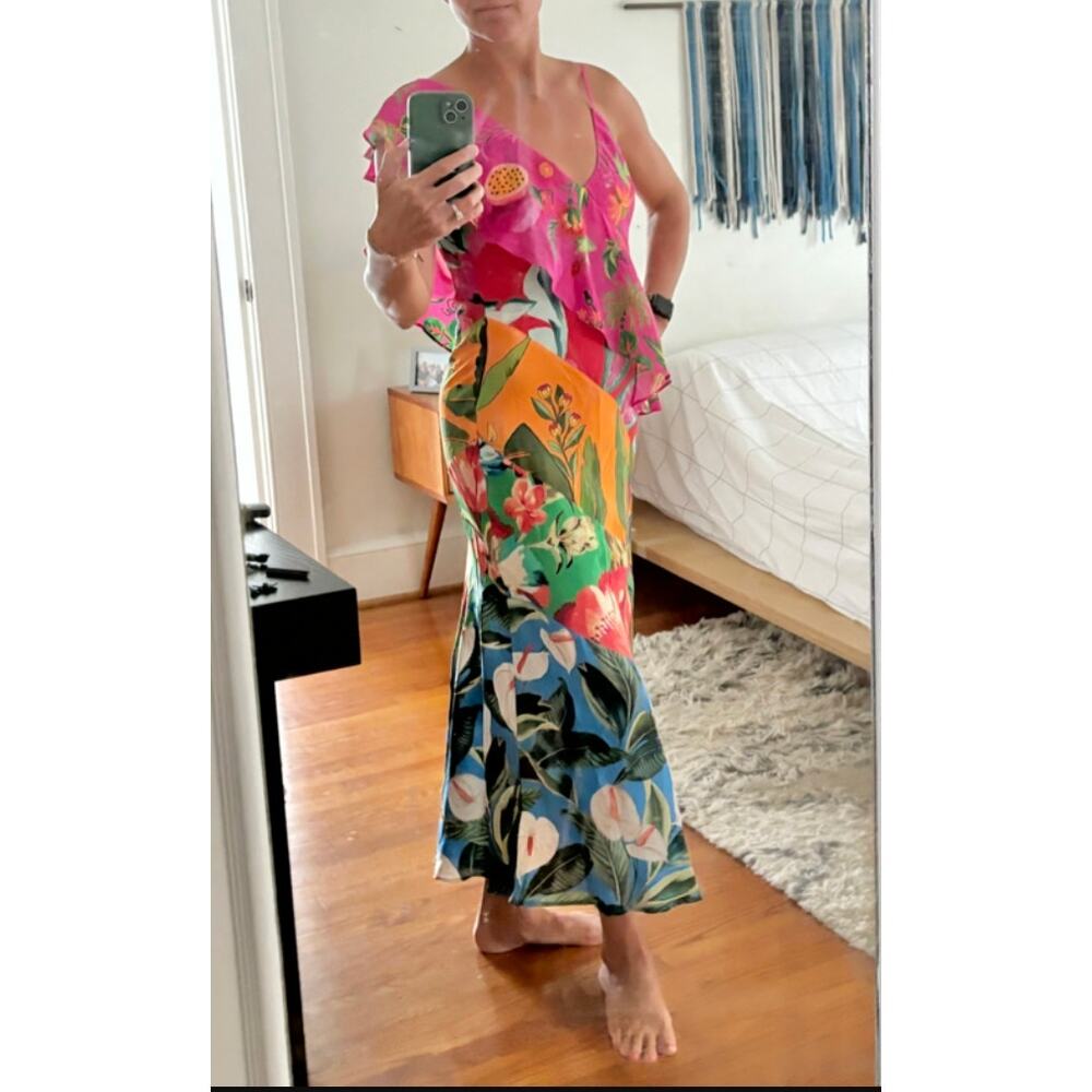 FARM RIO Mixed Flowery Ruffle One Strap Midi Dress Size L - Picture 10 of 10
